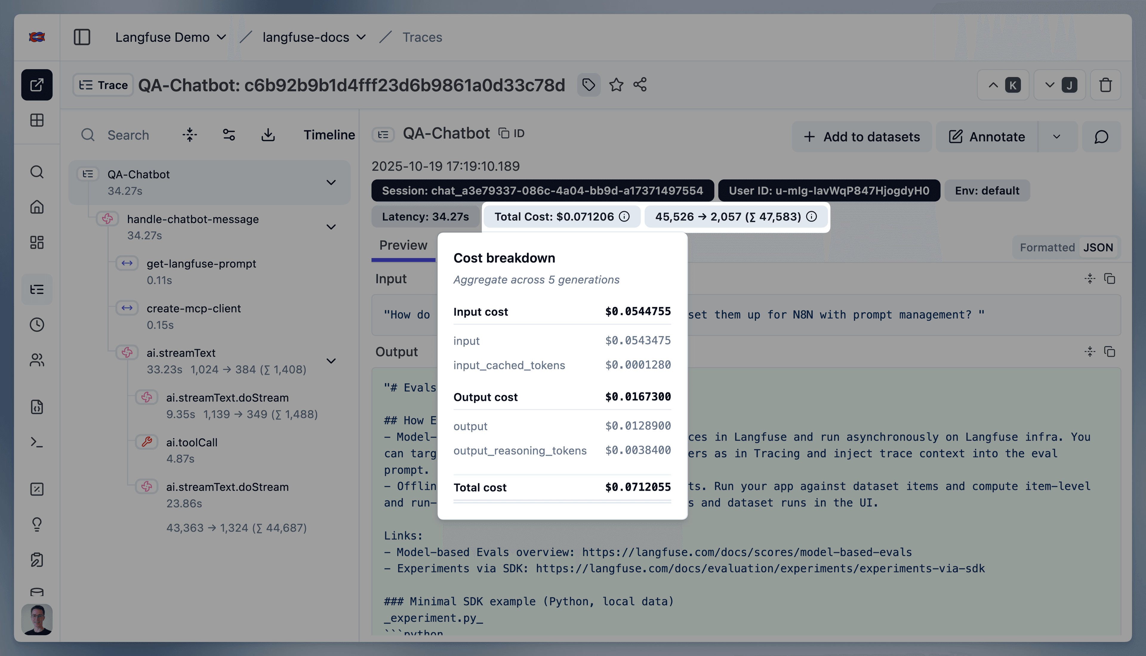Model cost breakdown in Langfuse
UI