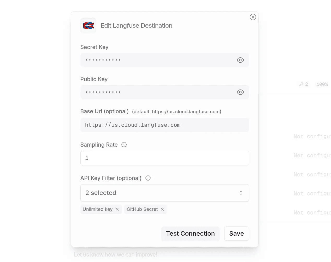 OpenRouter settings showing the Langfuse Broadcast
configuration